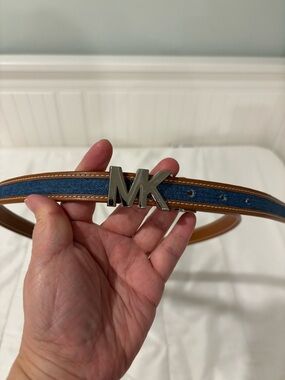 Michael Kors Skinny Reversible Belt Tan Leather & Denim with Silver Logo Buckle